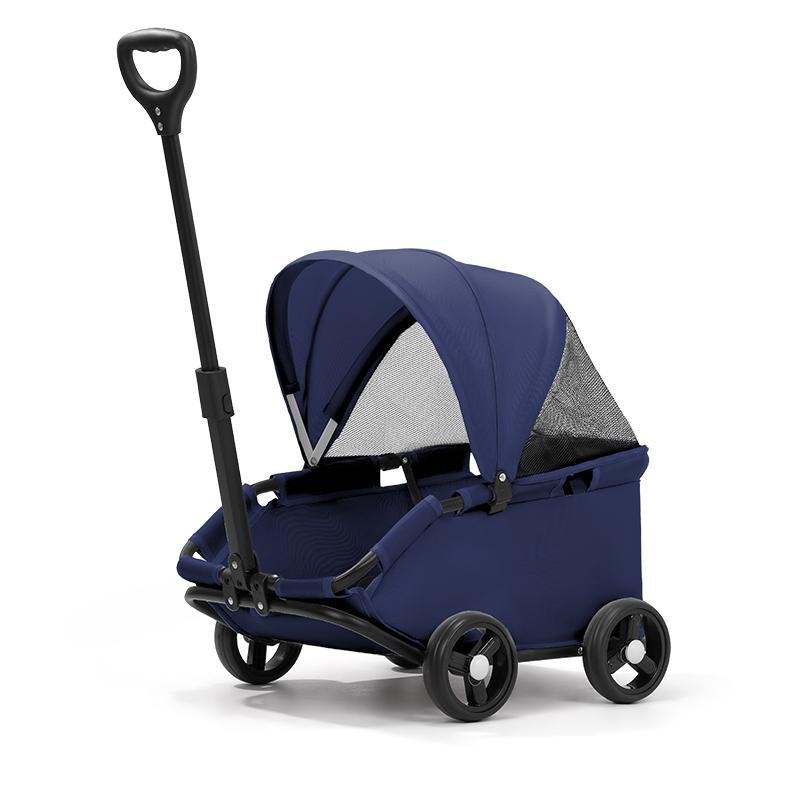 Carriola de 4 ruedas para mascotas en azul marino con rueda delantera giratoria de 360 grados