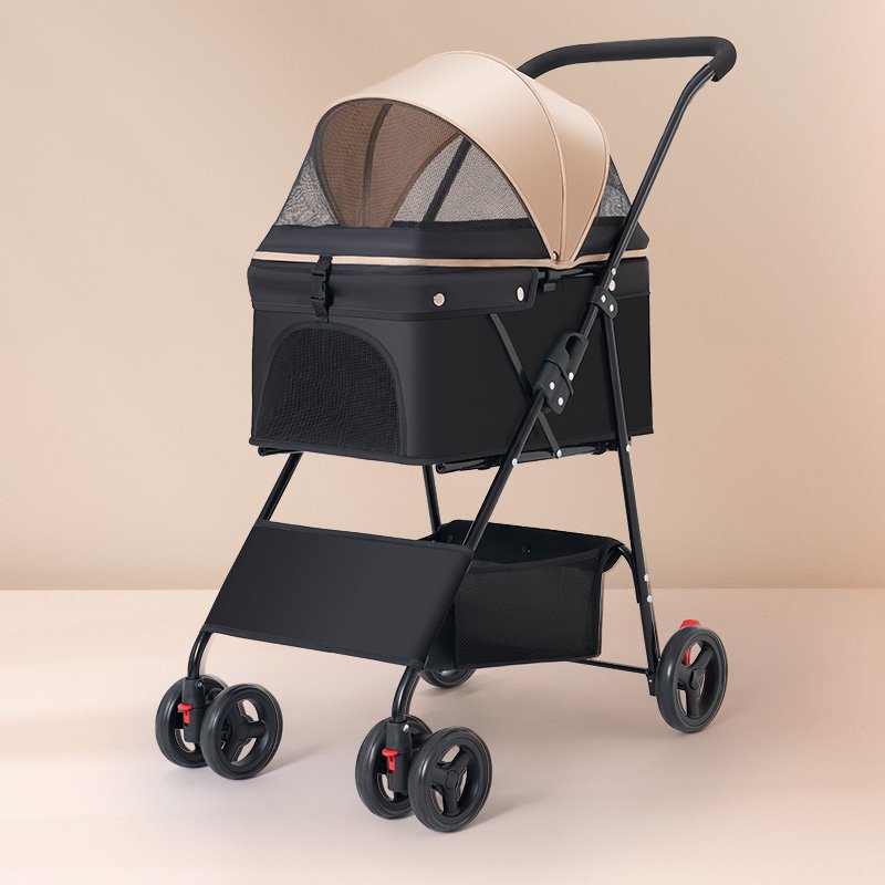 Foldable pet stroller, khaki canopy, mesh window, black steel frame, swivel wheels — wholesale pet product