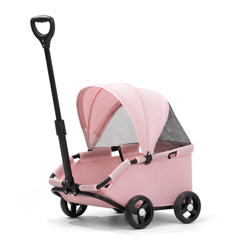 4 wheel dog stroller in pink Sakura color with foldable mesh canopy