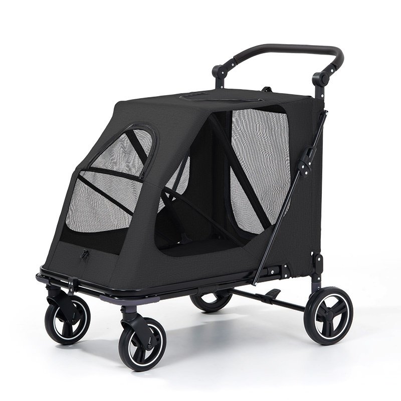 Dog stroller for large dogs in classic black, foldable 4-wheel pet stroller with mesh windows