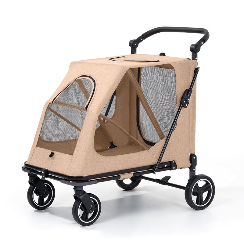 Dog stroller for large dogs in khaki color, heavy-duty foldable pet stroller with large storage space