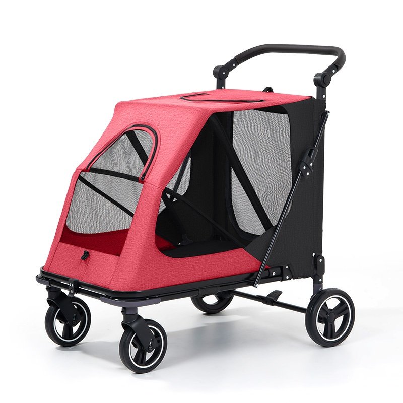 Dog stroller for large dogs in wine red, high-capacity foldable pet stroller with mesh ventilation