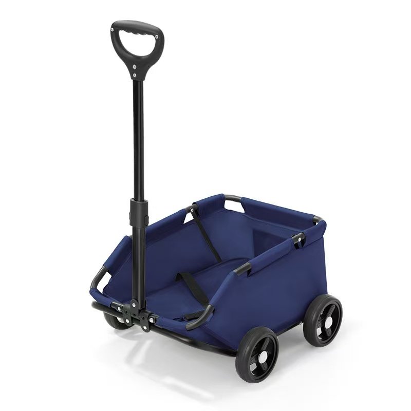 Foldable blue pet stroller wagon with adjustable push handle and four wheels