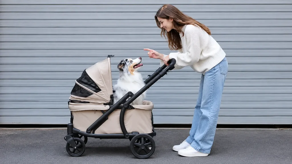 How to train your dog to use a pet stroller — a dog sitting calmly inside with the canopy open