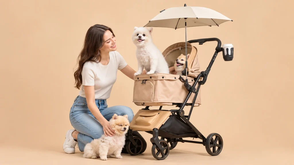 One-hand vs one-click fold pet stroller comparison — folded and unfolded pet stroller showing different folding mechanisms