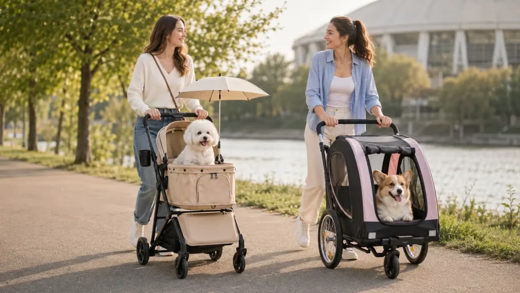 Essential pet stroller accessories including rain cover and replacement wheels